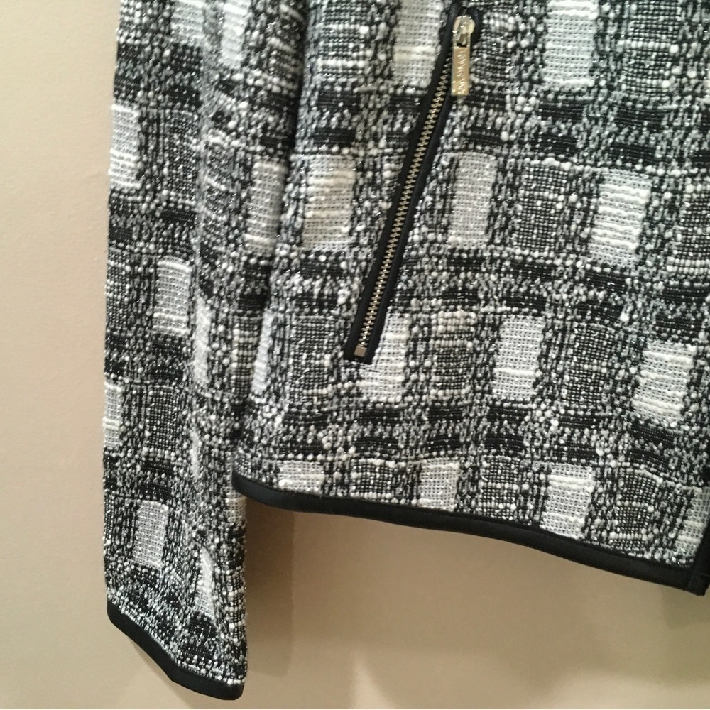 NWT Calvin Klein Black & White Tweed Open-Front Jacket with Faux Leather Trim S - Picture 4 of 7